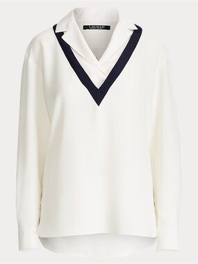 Lauren Ralph Lauren Woman 3X White Navy Trim V-Neck Blouse NWT Plus Size